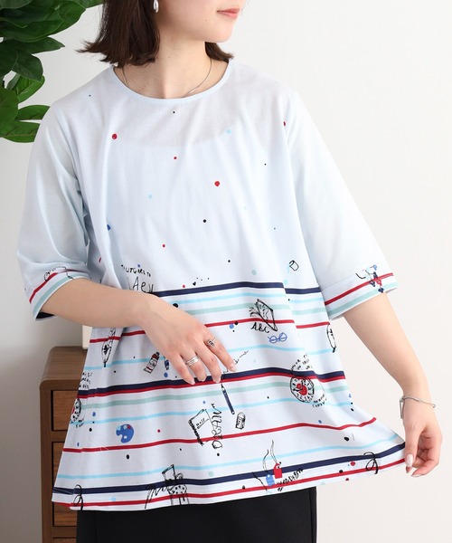tシャツ BRODIAEA カラフルライン×イラストプリント半袖カットソー「日本製」 レディース