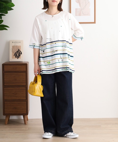 tシャツ BRODIAEA カラフルライン×イラストプリント半袖カットソー「日本製」 レディース ブローディア BRODIAEA カラフルライン×イラストプリント半袖