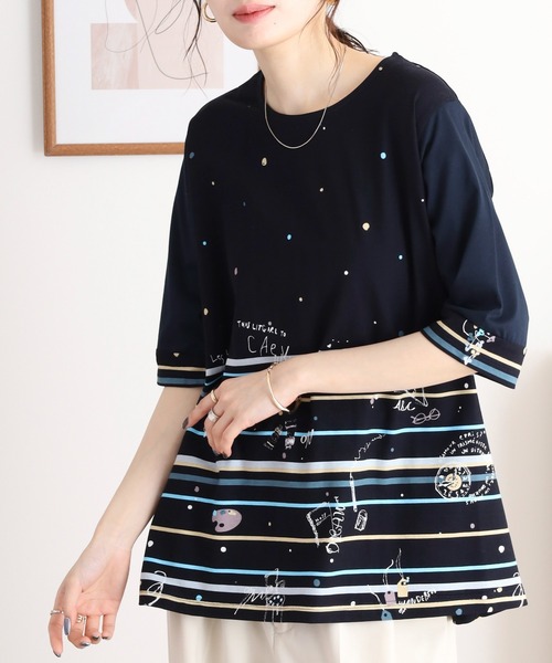 tシャツ BRODIAEA カラフルライン×イラストプリント半袖カットソー「日本製」 レディース tシャツ BRODIAEA カラフルライン×イラストプリント半袖
