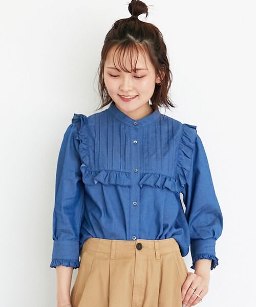 シナモン③ＬＬネイビー紺色フリル襟長めボリューム袖とろみブラウス Fit more（フィットモア） ブラウス シャツ ラウンドフリル襟