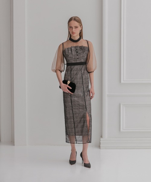 【美品】leja パーティードレス Leja（レジャ） ドレス 「LEJA」ラメチェックチュールボレロIライン