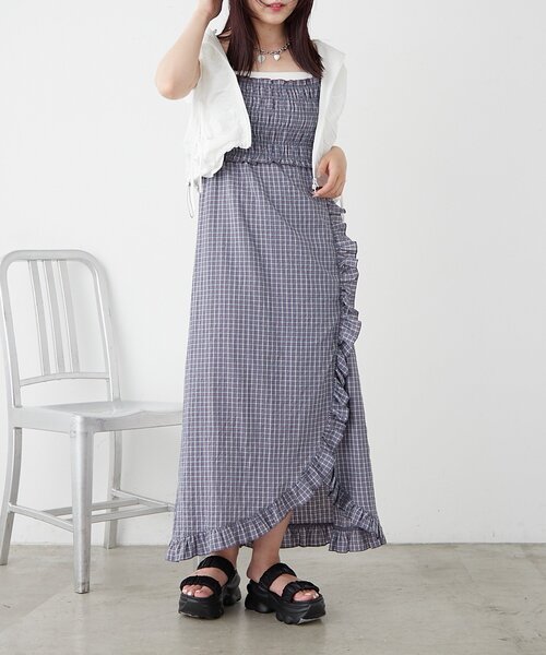 ブラウス シャツ シャーリングチェックキャミOP レディース