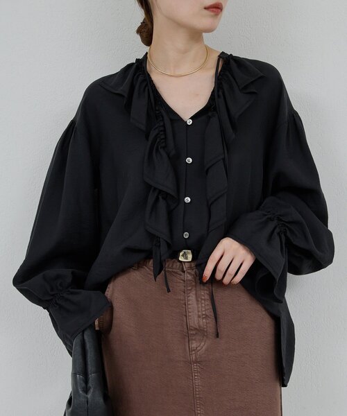 美品◆GALLARDAGALANTE 定価1,9万　ブラウス　フリル　ブラック GALLARDAGALANTE ブラウス シャツ フリルブラウス レディース