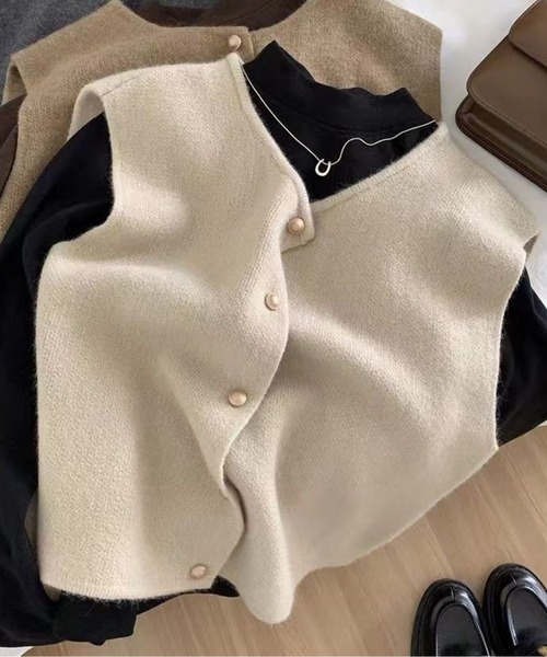 ベスト ジレ フロントボタンラウンドネックニットベスト レディース