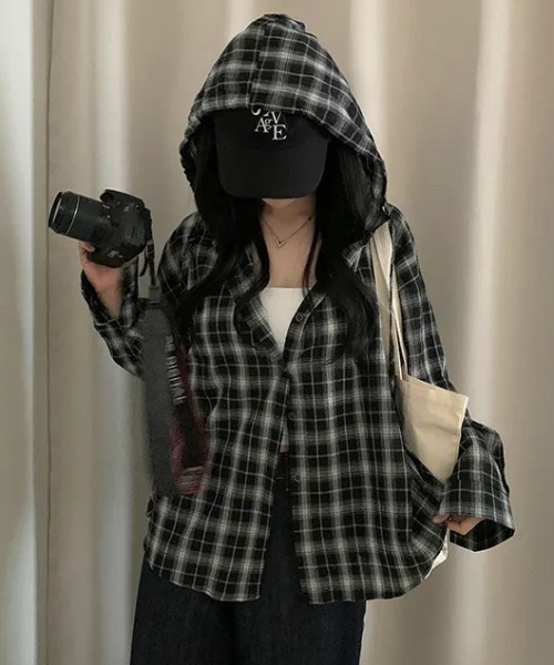 リブ編みフード付きシャツ ブラック ブラウス シャツ ルーズチェックフードシャツ レディース : ZOZOTOWN