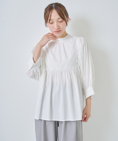 Kelen（ケレン） ブラウス シャツ ラメ糸ドット刺繍ギャザーブラウス 