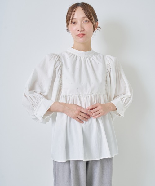 Kelen（ケレン） ブラウス シャツ ラメ糸ドット刺繍ギャザーブラウス 