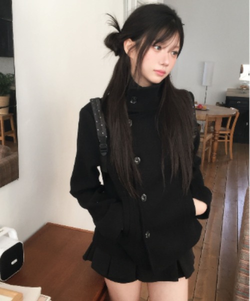 Aelina ピーコート pコート 襟付きショートメルトンコート レディース
