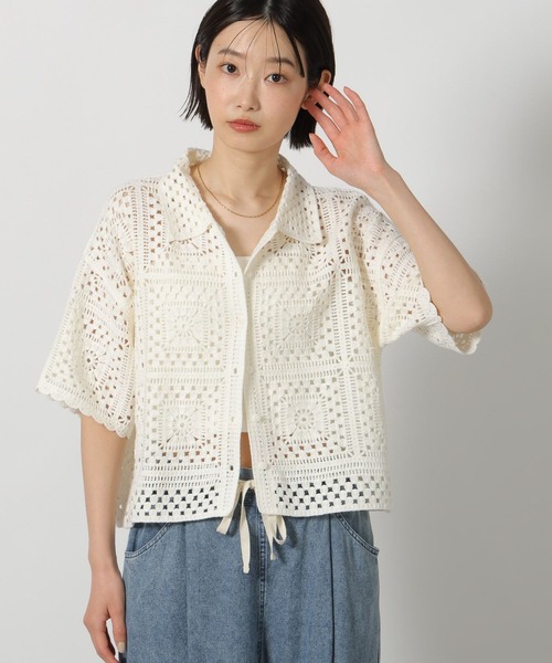 LAKOLE（ラコレ） ブラウス シャツ 半袖 レース編み柄シャツ半袖