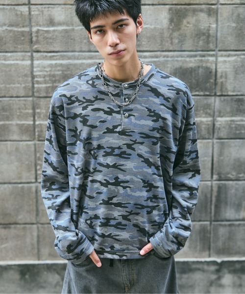 AFB カモフラ柄 ワッフル 長袖カットソー Lサイズ tシャツ HENLEY CAMO WAFFLE LONG-SLEEVE TEE / カモ総柄ヘンリー