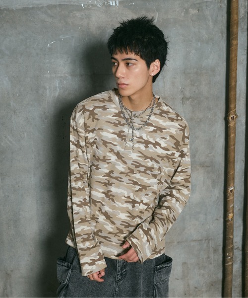 tシャツ HENLEY CAMO WAFFLE LONG-SLEEVE TEE / カモ総柄ヘンリー