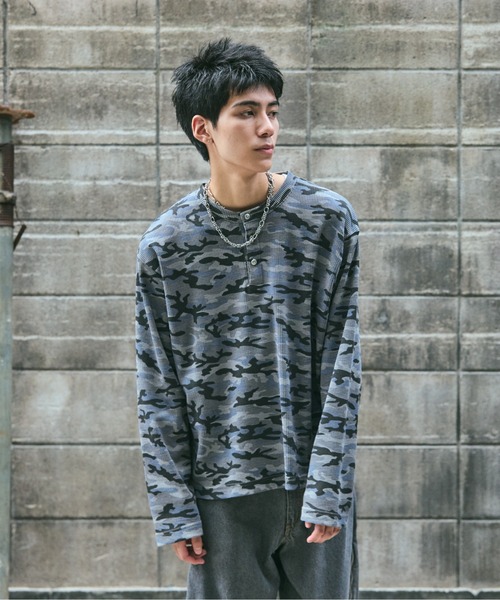 tシャツ HENLEY CAMO WAFFLE LONG-SLEEVE TEE / カモ総柄ヘンリー