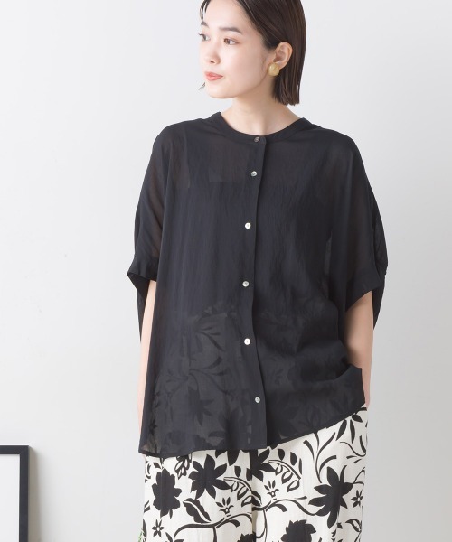 7days Life Styling ブラウス シャツ 麻調合繊バンドカラー半袖