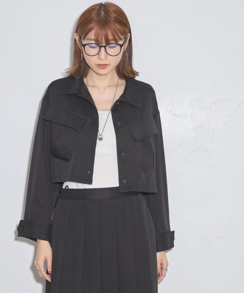 黒 クロップド長袖シャツ ブラウス シャツ ツイルクロップドシャツジャケット レディース