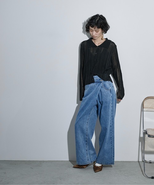 ジーンズ デニム デニムパンツ クロスウエストアシメラップデニムパンツ レディースの画像