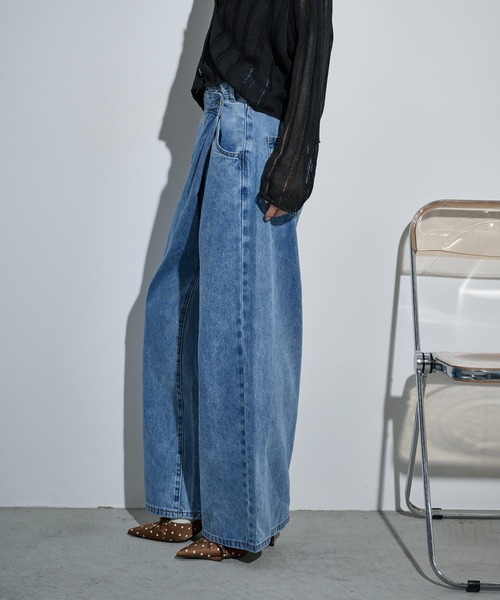 ジーンズ デニム デニムパンツ クロスウエストアシメラップデニムパンツ レディースの画像
