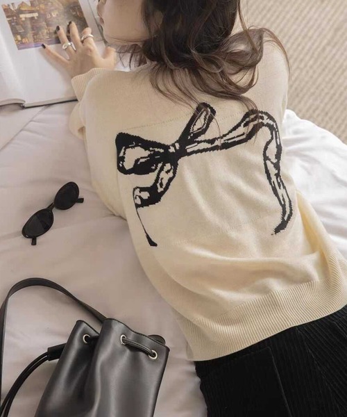 ルネ　リボンデザインカーディガン leune（ルネ） カーディガン リボンジャガードニットカーディガン