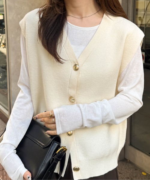 RANAN（ラナン） ベスト ジレ ゴールド調ボタンVネックベスト