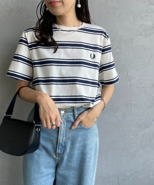 tシャツ 「FRED PERRY/フレッドペリー」 ファインストライプ ワンポイントロゴ刺繍Tシャツ レディース メンズ