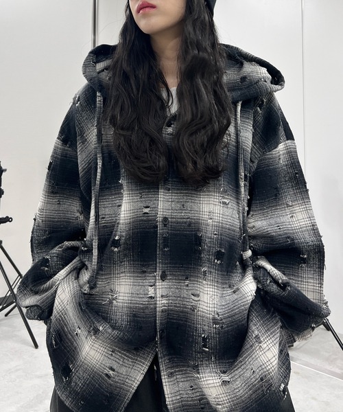 ブラウス シャツ ダメージフードチェックシャツ レディース メンズ