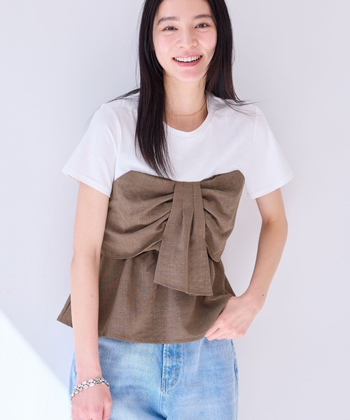 tシャツ 「新色追加」「美easy」ねじりリボンTシャツドッキングプルオーバー「接触冷感/洗える」 レディース