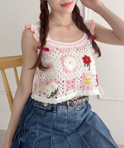 Loueme ベスト ジレ フラワークロシェフリルベスト レディース