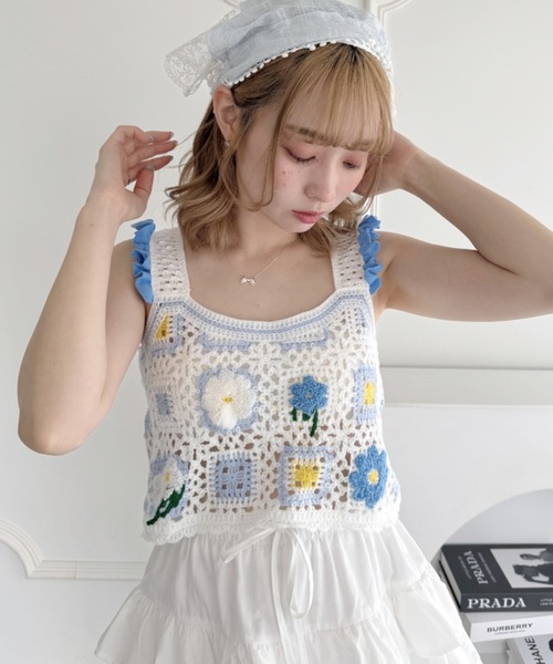 Loueme ベスト ジレ フラワークロシェフリルベスト レディース