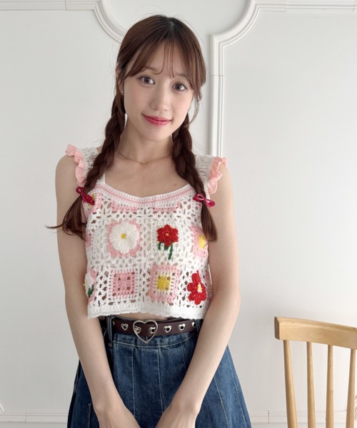 Loueme ベスト ジレ フラワークロシェフリルベスト レディース