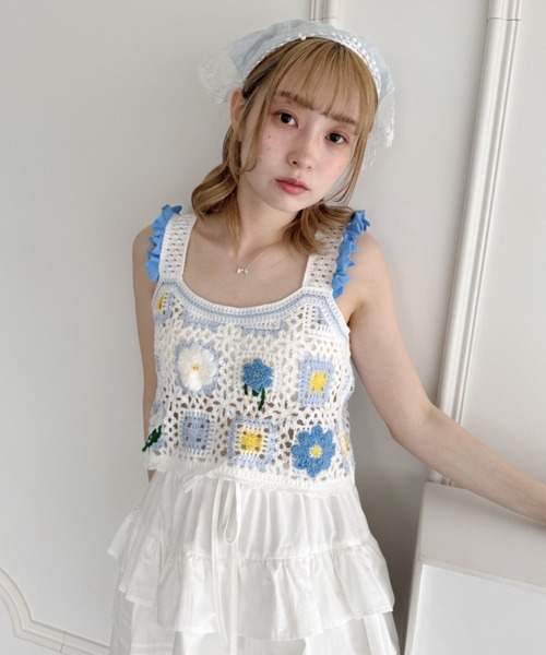 Loueme ベスト ジレ フラワークロシェフリルベスト レディース