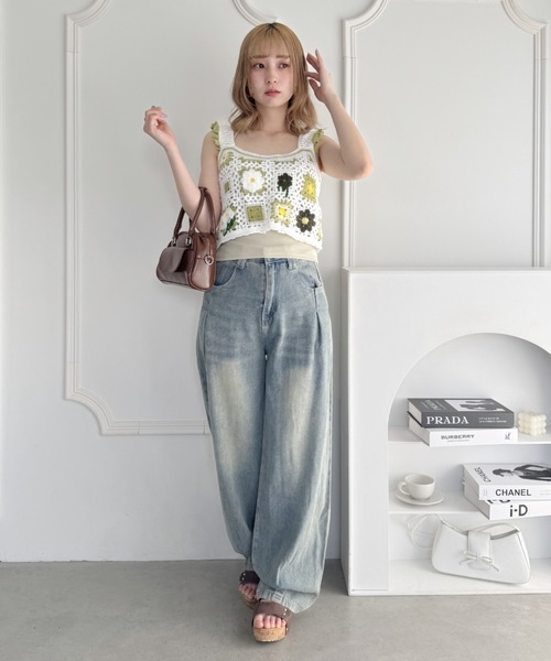 Loueme ベスト ジレ フラワークロシェフリルベスト レディース