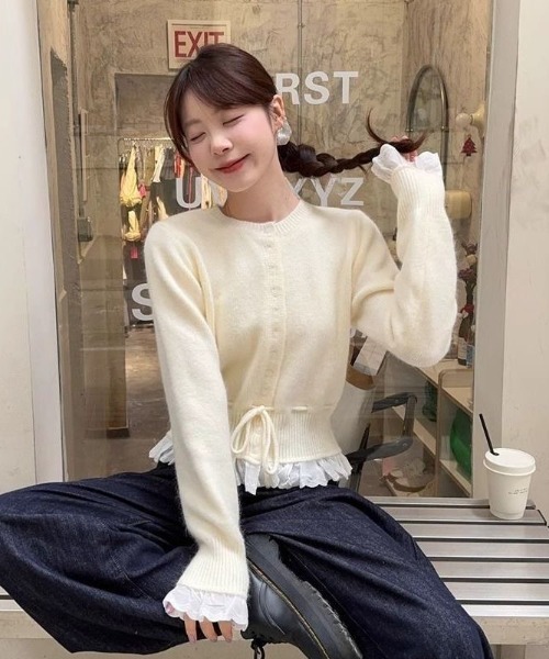 Chloe レース切替 ニット カーディガン MONO8 カーディガン レース切替ニットカーディガン レディース