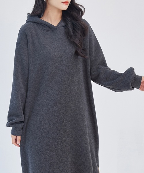 DAYRA ワンピース ソリッドカラー 裏起毛 ファスナースリット パーカー