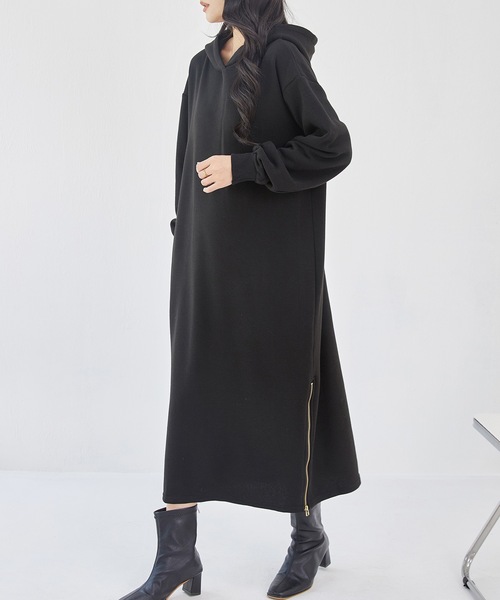 DAYRA ワンピース ソリッドカラー 裏起毛 ファスナースリット パーカー
