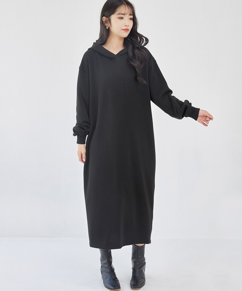 DAYRA ワンピース ソリッドカラー 裏起毛 ファスナースリット パーカー