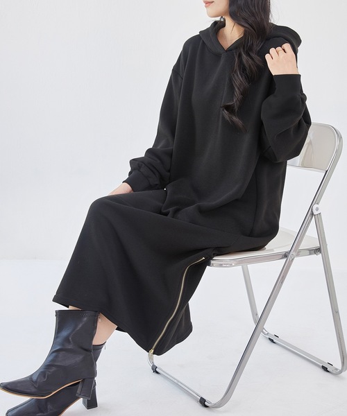 DAYRA ワンピース ソリッドカラー 裏起毛 ファスナースリット パーカー