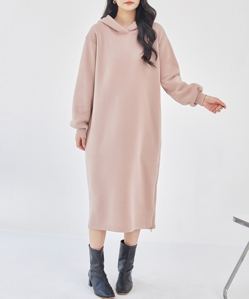 d.i.a. パーカー ワンピ DAYRA ワンピース ソリッドカラー 裏起毛 ファスナースリット パーカー