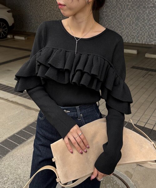 カシミア混フリルニット ブラック ニット セーター BRODIAEA 洗えるカシミヤシリーズ ハイネックフリル