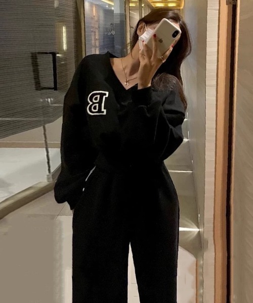 FAVORITO セットアップ 裏ボアVネックスウェットショートトップス