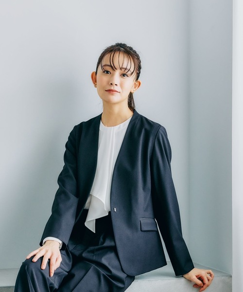 「GLOBAL WORK」 ノーカラージャケット MEDIUM グレイッシュベージュ レディースの画像