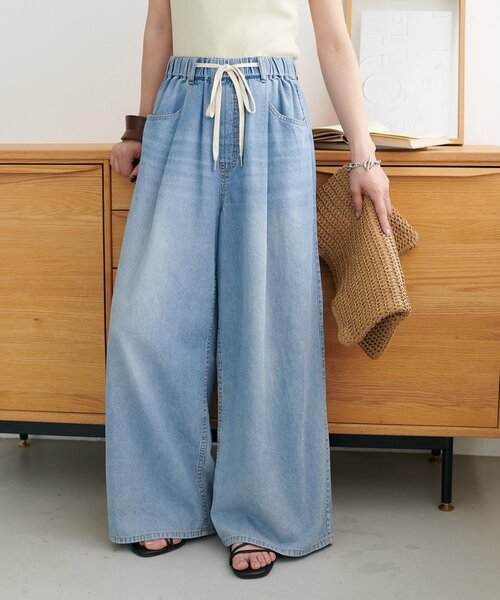 ワイドパンツ パンツ ライトオンスデニムイージーワイドパンツ レディースの画像