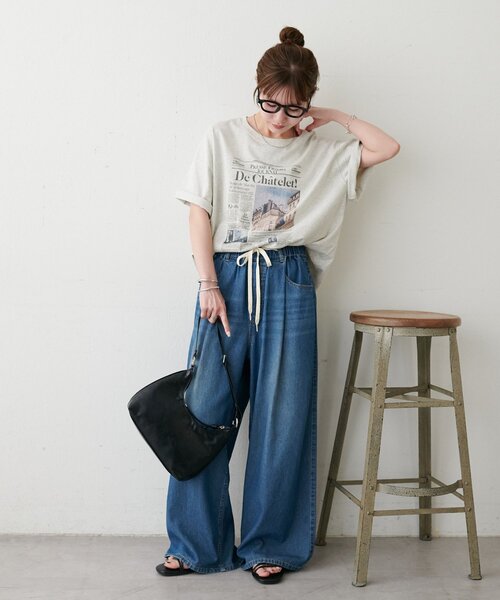 ワイドパンツ パンツ ライトオンスデニムイージーワイドパンツ レディースの画像