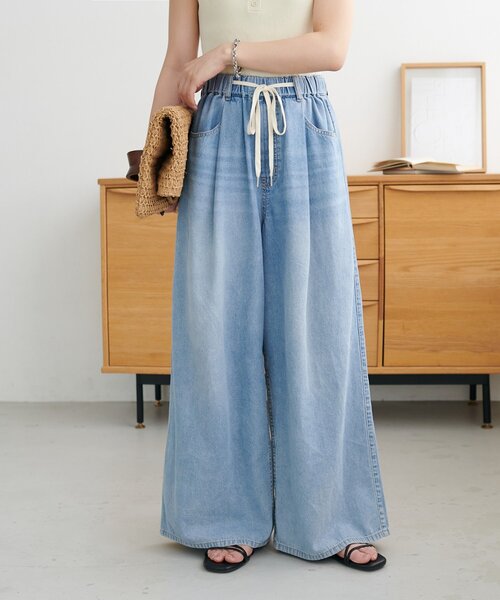 ワイドパンツ パンツ ライトオンスデニムイージーワイドパンツ レディースの画像