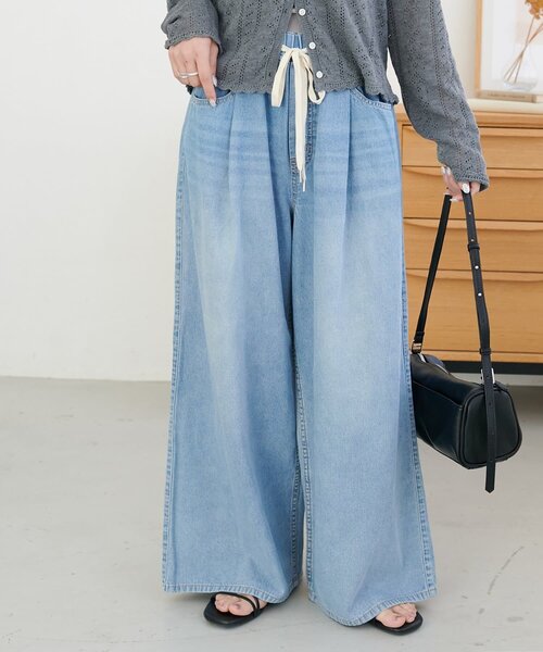 ワイドパンツ パンツ ライトオンスデニムイージーワイドパンツ レディースの画像
