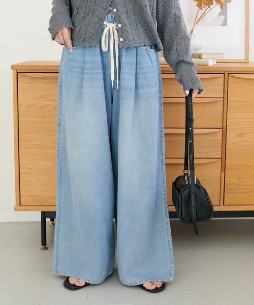 ワイドパンツ パンツ ライトオンスデニムイージーワイドパンツ レディースの画像