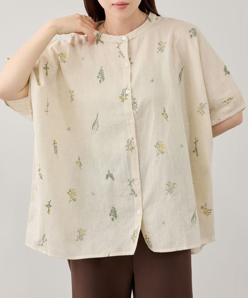45Rコットン麻半袖ブラウス ブラウス シャツ 半袖 Free Nature インド綿麻 小花柄刺繍 バンド