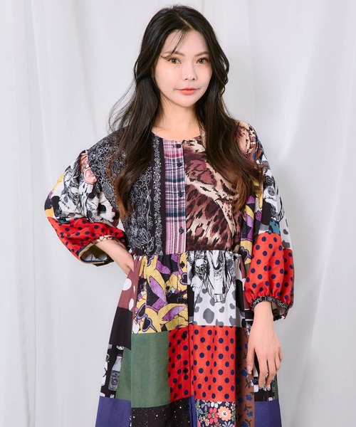 ScoLar（スカラー） シャツワンピース POPコラージュ総柄シャツ 