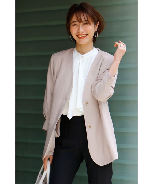 Ehre styleノーカラージャケット ベージュ Ehre style ジャケット ノーカラージャケット オフィスに！軽く