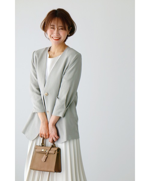 Ehre styleノーカラージャケット ベージュ Ehre style ジャケット ノーカラージャケット オフィスに！軽く