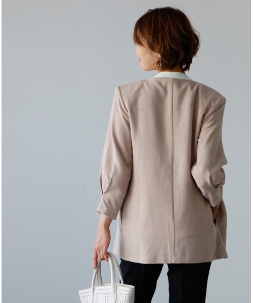 Ehre styleノーカラージャケット ベージュ Ehre style ジャケット ノーカラージャケット オフィスに！軽く