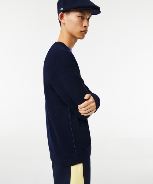 ラコステ　畦編み厚手Vネックコットン100%カーディガン黒メンズ4シェルボタン LACOSTE カーディガン ガーター編みVネックカーディガン メンズ